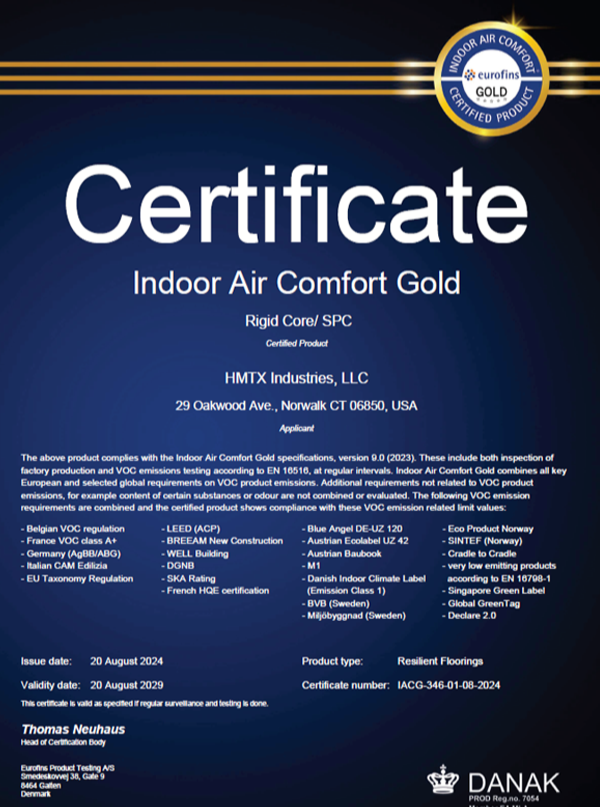 Certificat d'or pour le confort de l'air intérieur